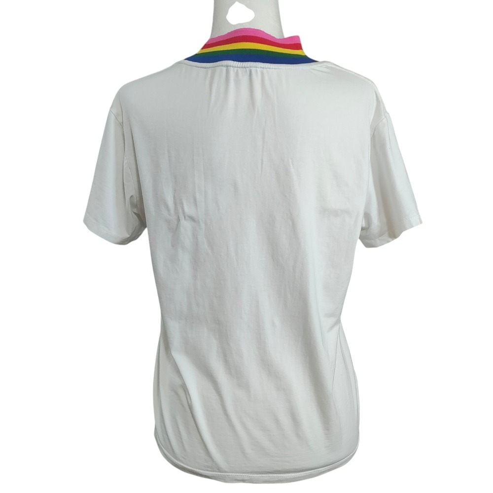 Mira Mikati Forever Or Never Rainbow Mock Neck Glitter Graphic Tee Shirt White 6 - Picture 6 of 8